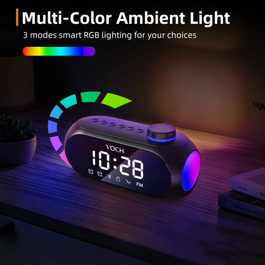 Bluetooth Speaker with Dual Alarm Clock – FM Radio, TF Card Slot, AUX Input, LED Mood Light – Digital Bedside Clock for Bedroom, Home, Travel