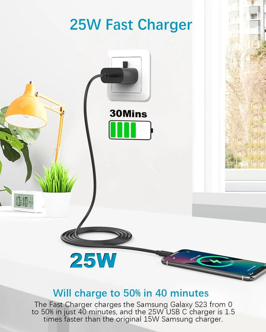 25W USB-C Super Fast Charger + 1M Cable (2-Pack) – for Samsung Galaxy S23/S22/S21/Note20/A54 – Type-C Plug