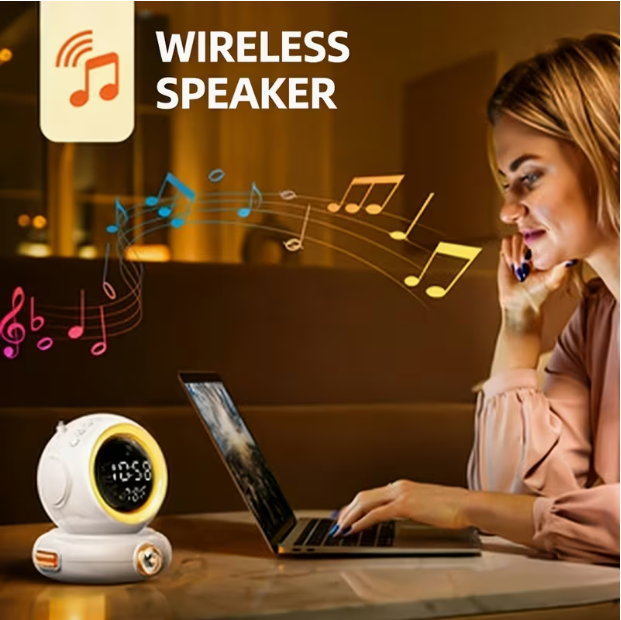 Wake-Up Light Alarm Clock with Wireless Speaker – Dual Alarms, FM Radio, Sunrise Simulation, Snooze, 8 Brightness Levels, 6 Soothing Sounds, ABS Bedside Clock