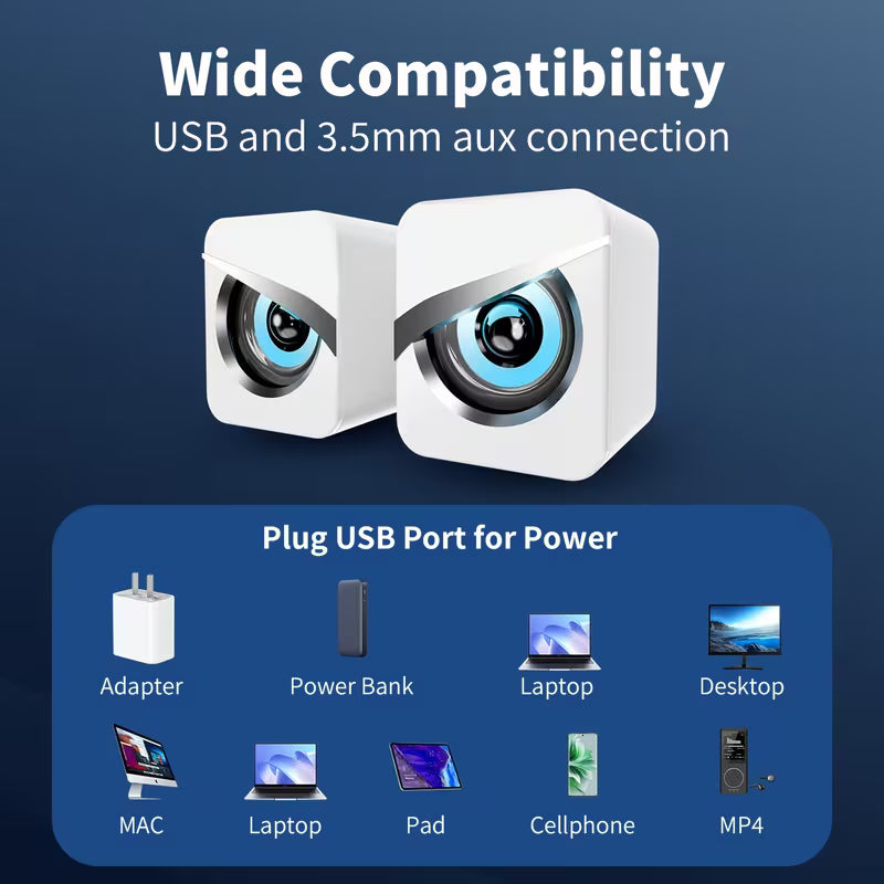 Desktop Computer Speakers – Wired Control, USB & 3.5mm AUX, LED Light Effect Mini Gaming Speaker