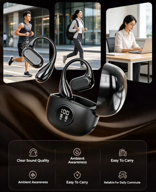 Q17 Open-Ear Wireless Bluetooth-Compatible Earbuds with Digital Display Charging Case - True Wireless Sports Headphones for Running, Walking and Exercise