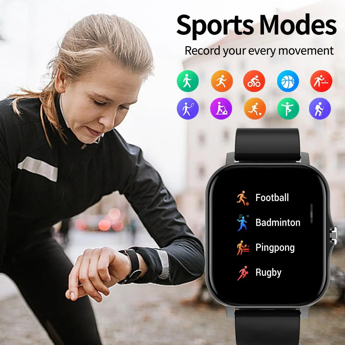 Smartwatch with Full Touch Screen – Multiple Sports Modes, BT Calls, Message Alerts, Music Player – Compatible with iOS & Android – Gift for Men & Women