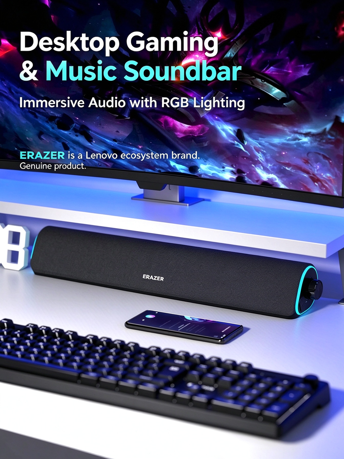 ERAZER Wired & Bluetooth Speaker - Excellent Sound Quality Desktop Long Strip Soundbar for Computer, TV, Phone & Home Audio