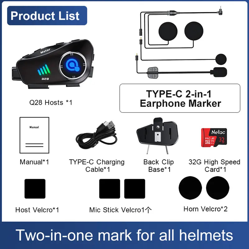 Motorcycle Bluetooth Helmet Camera Headset, Free 32GB Card, 2-in-1 Intercom & Dash Cam, 1080P, Waterproof, Hands-Free Calls