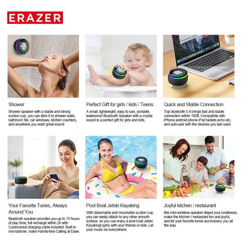 ERAZER XM102 – IPX6 Waterproof Shower Bluetooth Speaker with Suction Cup, Portable Wireless Speaker for Home/Party/Outdoor/Beach