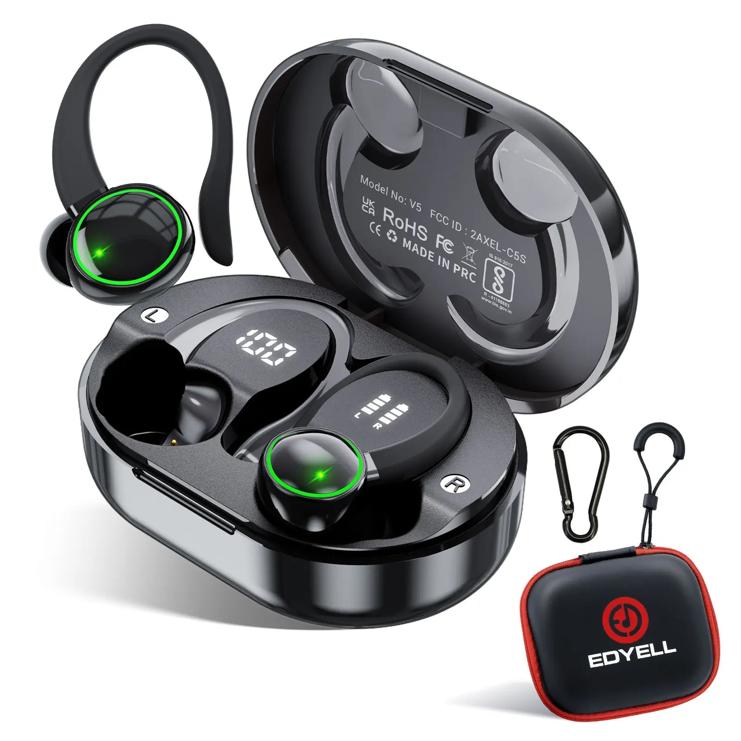 Wireless Bluetooth Earbuds - IPX7 Water Repellent, Sturdy In-Ear Headphones with Type-C Jack, Noise Reduction, 1-Year Warranty, High-Quality Audio, Hanging Ear Design (Black)