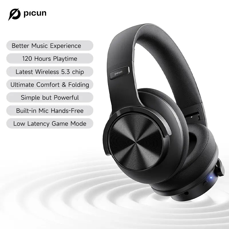 Picun B8 Bluetooth Headphones, 120H Playtime Headphone Wireless Bluetooth with 3 EQ Modes, Low Latency, Hands-Free Calls, Over Ear Headphones for Travel Home Office Cellphone PC Hifi Sound Quality