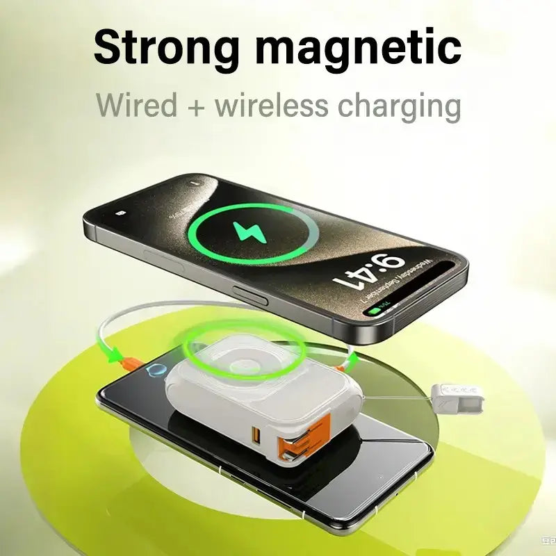 Portable Charger, Magnetic Power Bank, Small Wireless PowerBank, Battery Pack 20000mAh Travel Essentials Fast Charging With Built in Cable, Foldable Wall Plug for iPhone,Samsung,Andriod