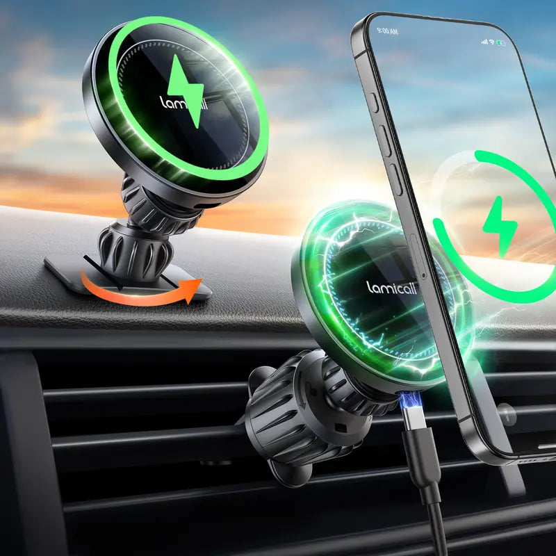 Lamicall Magnetic Wireless Charging Car Phone Mount - 360° Adjustable, Foldable, Powerful Suction Vacuum Hold, Stable Noiseless Auto Accessory, High Efficiency Charger for iPhone & Android Cars Tech Gadgets