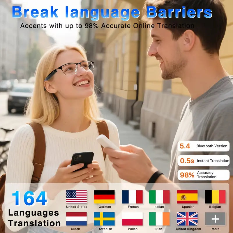 High-End AI Semi-Rimless Smart Glasses 164-Language Real-Time Translation | Open-Ear HD Audio, Bluetooth Calls & Music | Stylish Photochromic Lenses | Hands-Free, Lightweight & Comfortable for Daily Wear, Travel & Commuting | Easter gift