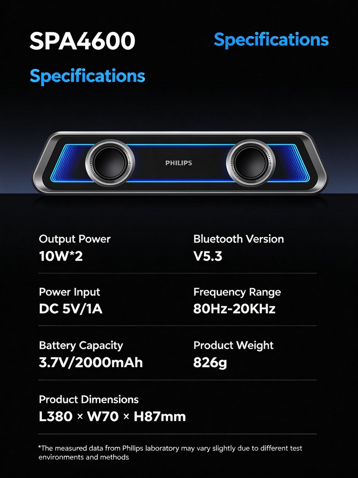 Philips Mirror-Finish Bluetooth Speaker - RGB Lighting, Long Strip Soundbar with Treble & Bass, Home Esports Gaming Speaker, TV Soundbar, Immersive Sound