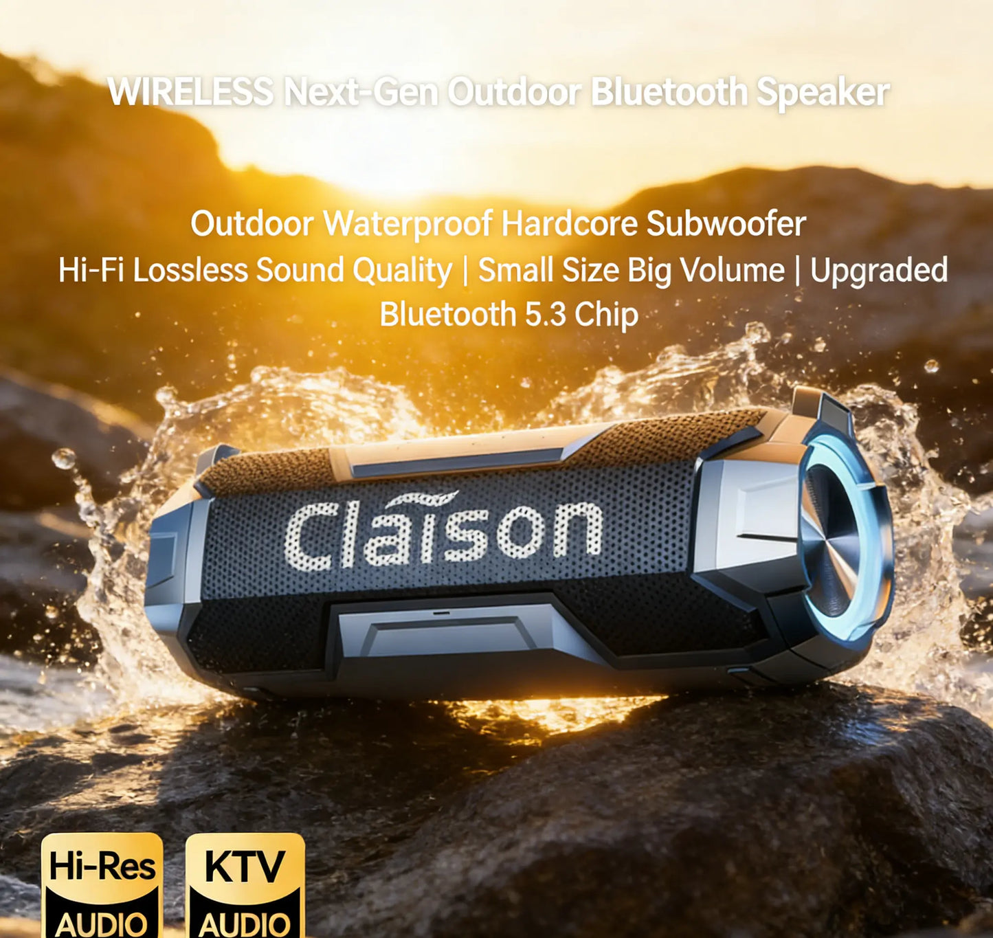 Claison Multifunctional Portable Water Resistant Bluetooth Speaker - IPX6, 3600mAh USB Rechargeable, RGB Lighting, Bluetooth 5.3, Ideal for Camping and Gaming