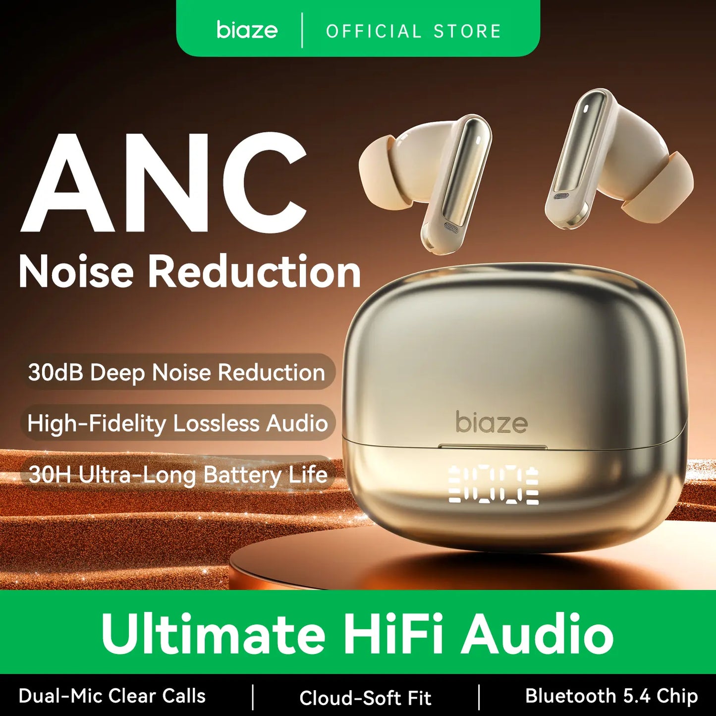 Biaze D79 Pro ANC TWS Wireless Earphones - Bluetooth 5.4, Bass Stereo, Noise Cancelling Mic, IPX5 Water Resistant for Sports