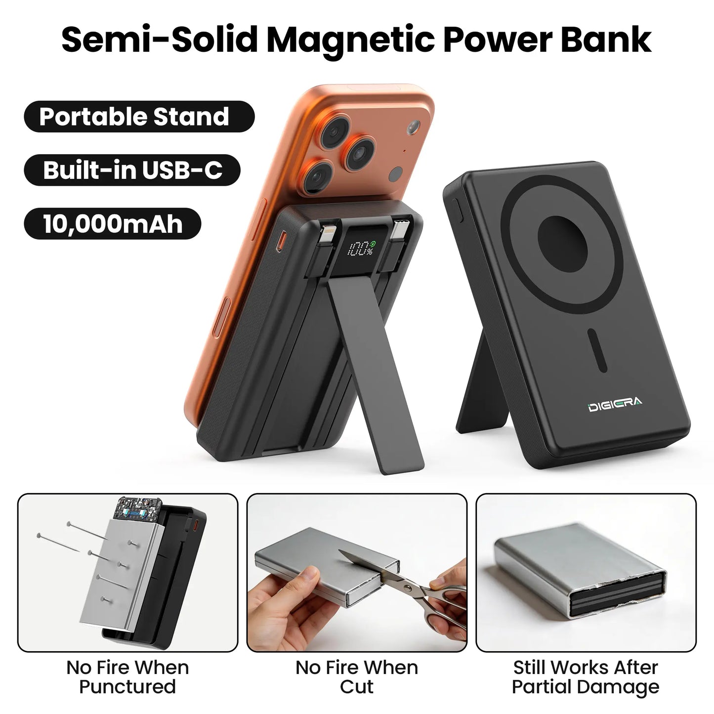Digiera 10000mAh MagSafe Wireless Power Bank with Dual USB-C and Lightning Cables - Fast Charging, LED Display, Compact Travel Charger for iPhone 17/16/15/14/13/12 Series