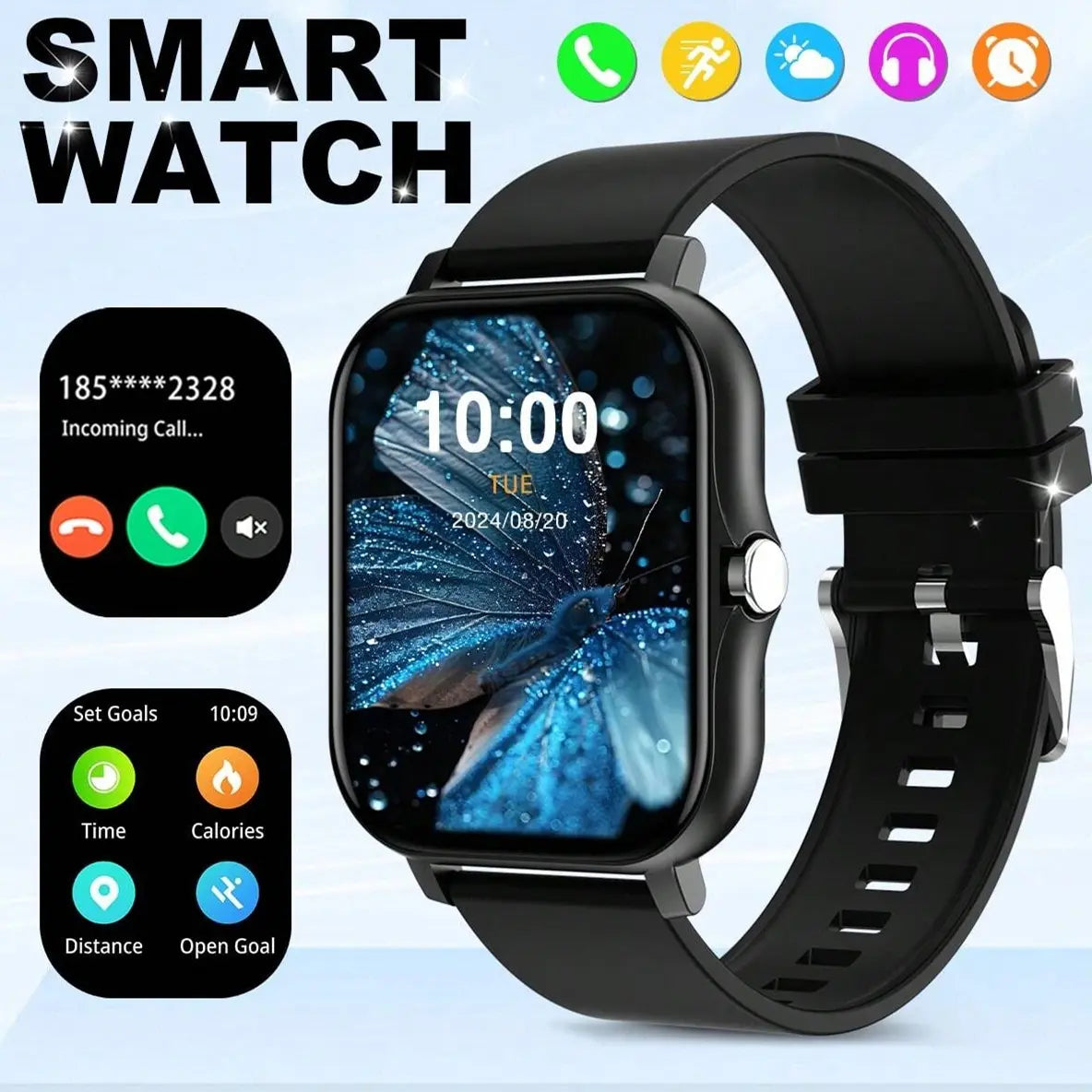 Smartwatch with Full Touch Screen – Multiple Sports Modes, BT Calls, Message Alerts, Music Player – Compatible with iOS & Android – Gift for Men & Women