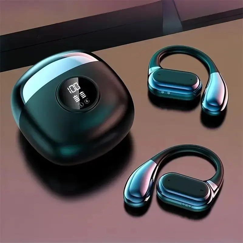 Q17 Open-Ear Wireless Bluetooth-Compatible Earbuds with Digital Display Charging Case - True Wireless Sports Headphones for Running, Walking and Exercise