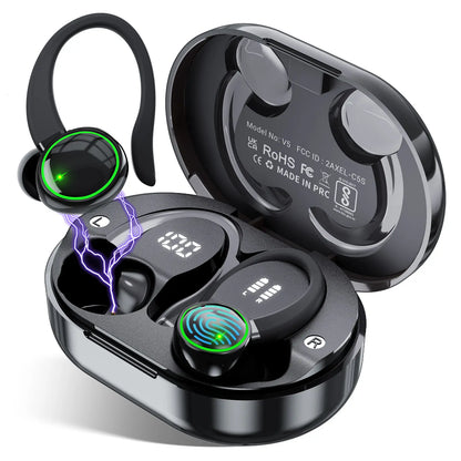 Wireless Bluetooth Earbuds - IPX7 Water Repellent, Sturdy In-Ear Headphones with Type-C Jack, Noise Reduction, 1-Year Warranty, High-Quality Audio, Hanging Ear Design (Black)