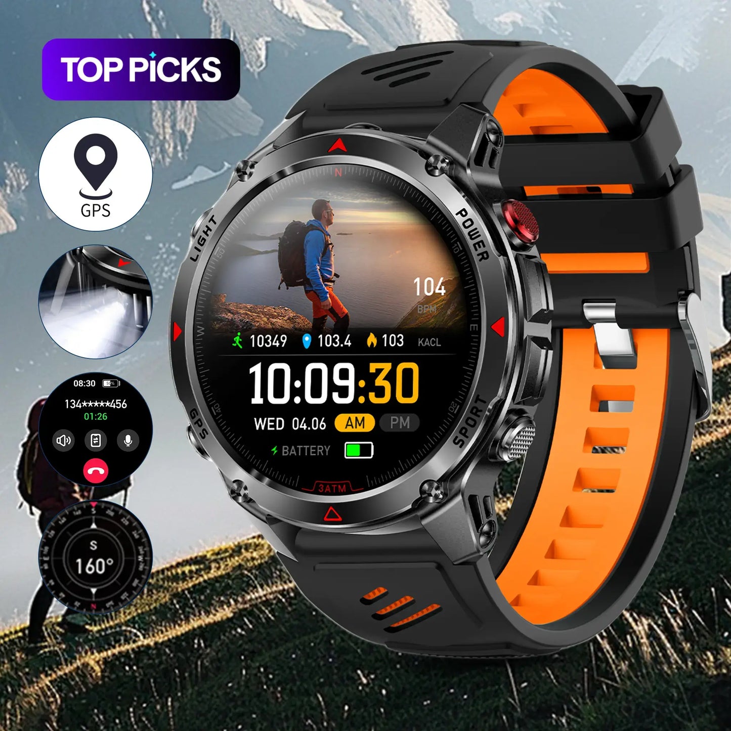 GPS Digital Smartwatch – Outdoor Sports Fitness Watch with Wireless Call, 100+ Sports Modes, Calorie Counter, Weather Alarm, LED Compass – Gift for Men & Women