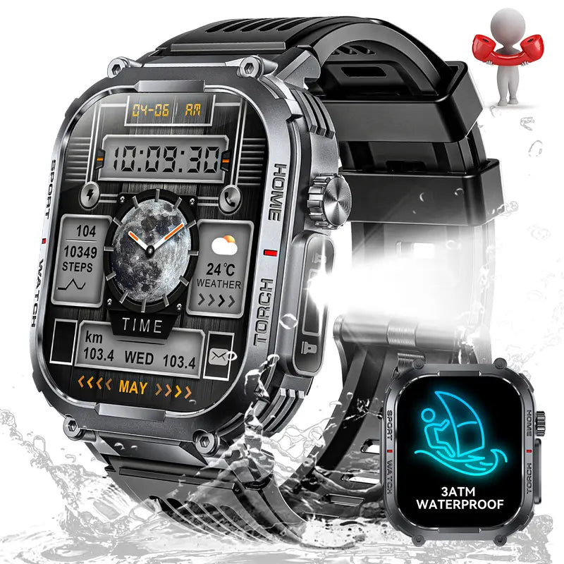 3ATM Waterproof Outdoor Smart Watch for Men – Make/Answer Calls, 100+ Sports Modes, Pedometer, Compass, Multifunctional, Compatible with iPhone & Android – Digital Watch, Gift for Men