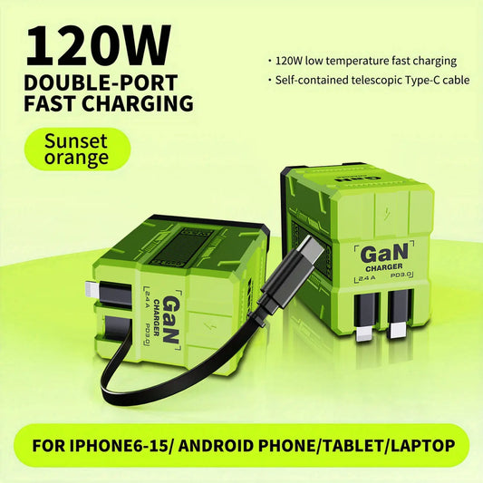 2-in-1 GaN Charger 120W – Fast Charging Type-C & Lightning Retractable Cord, Wall Foldable Plug for iPhone, Samsung, Galaxy, iPad, MacBook – Travel Friendly Compact Safe Tech Gift