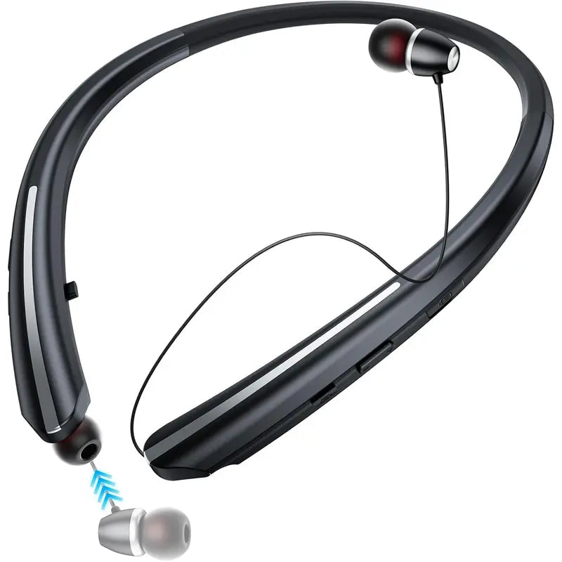 Retractable Bluetooth Neckband Headphones - Noise Cancelling Wireless Sports Earbuds with Microphone, IPX5 Sweat Resistant for iPhone, Android, Samsung and PC (Black)