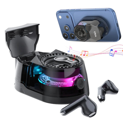 3-in-1 Portable Magnetic Bluetooth Speaker Headphones Phone Holder – Dual Separate Bluetooth 5.4, 600mAh Battery, Twin Wireless Speakers + Headphones for iPhone/Android, Travel Office Multi-Device