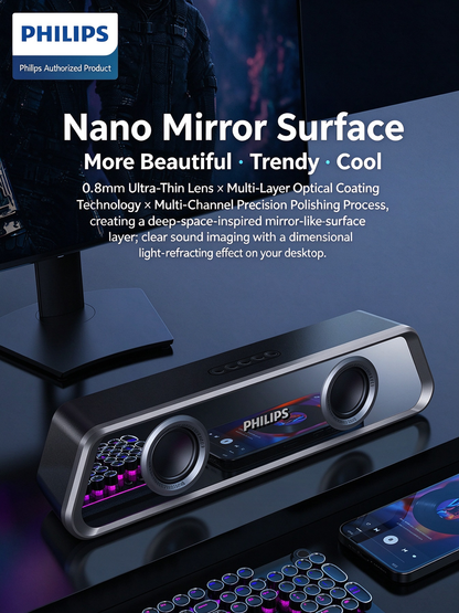 Philips Mirror-Finish Bluetooth Speaker - RGB Lighting, Long Strip Soundbar with Treble & Bass, Home Esports Gaming Speaker, TV Soundbar, Immersive Sound
