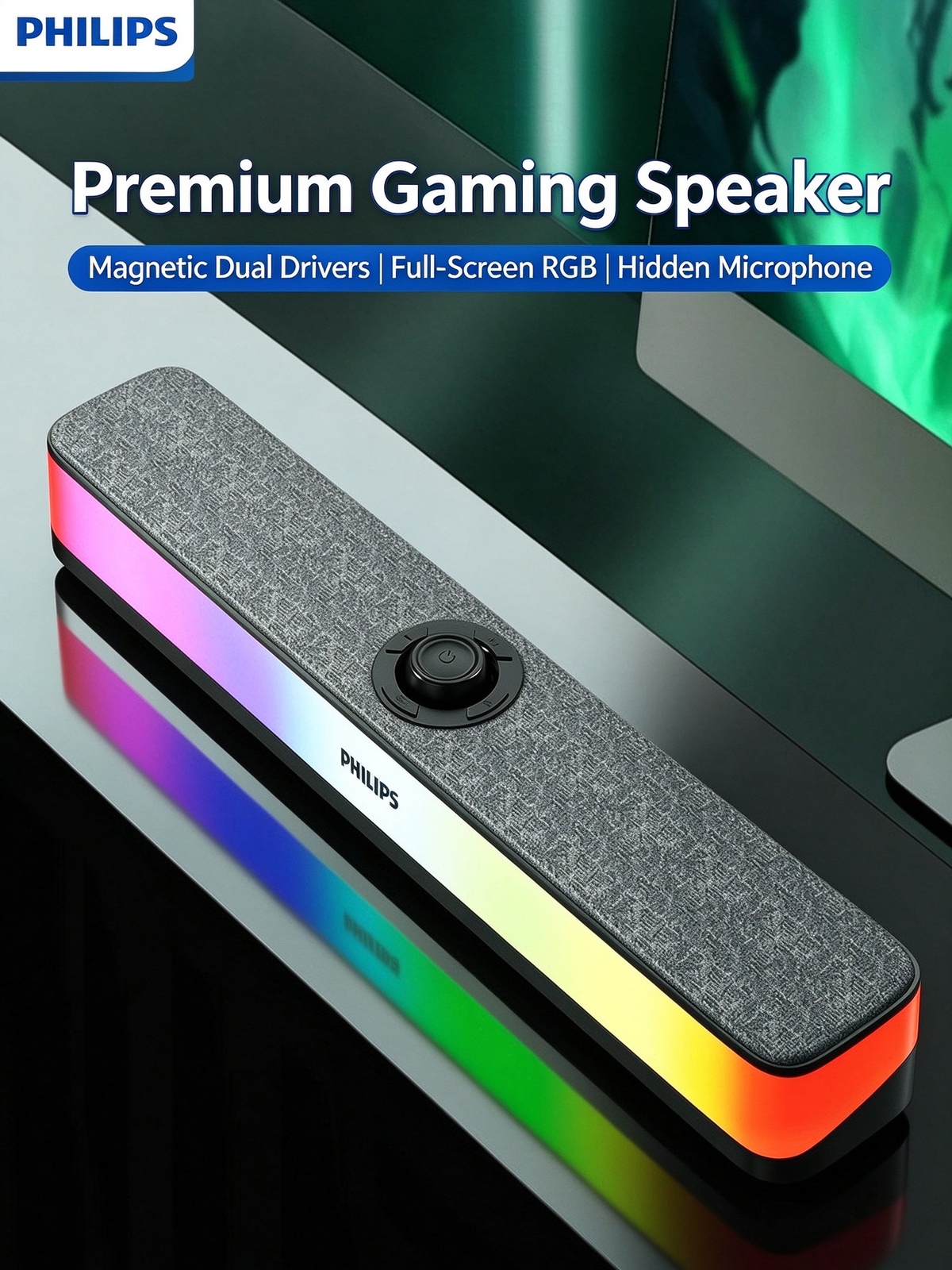 Philips Wireless Bluetooth Speaker - Desktop Long Strip Luminous RGB Gaming Esports Low Latency Soundbar for Computer, TV, Phone & Home Use