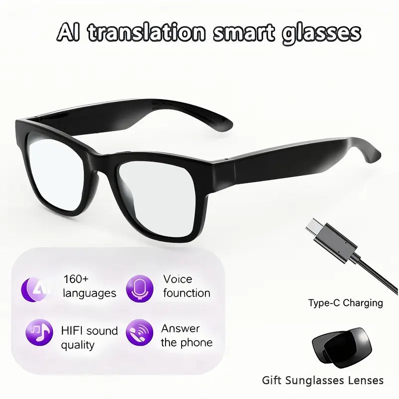High-End AI Semi-Rimless Smart Glasses 164-Language Real-Time Translation | Open-Ear HD Audio, Bluetooth Calls & Music | Stylish Photochromic Lenses | Hands-Free, Lightweight & Comfortable for Daily Wear, Travel & Commuting | Easter gift