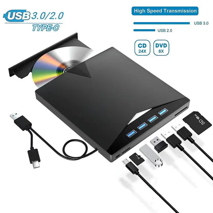 7-in-1 External CD DVD Drive for Laptop and Desktop - USB 3.0 Type-C Portable DVD Burner with TF/SD Card Slots