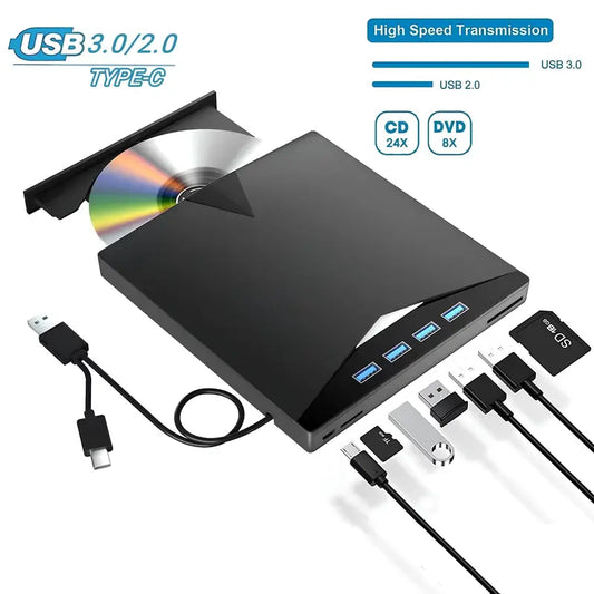 7-in-1 External CD DVD Drive for Laptop and Desktop - USB 3.0 Type-C Portable DVD Burner with TF/SD Card Slots