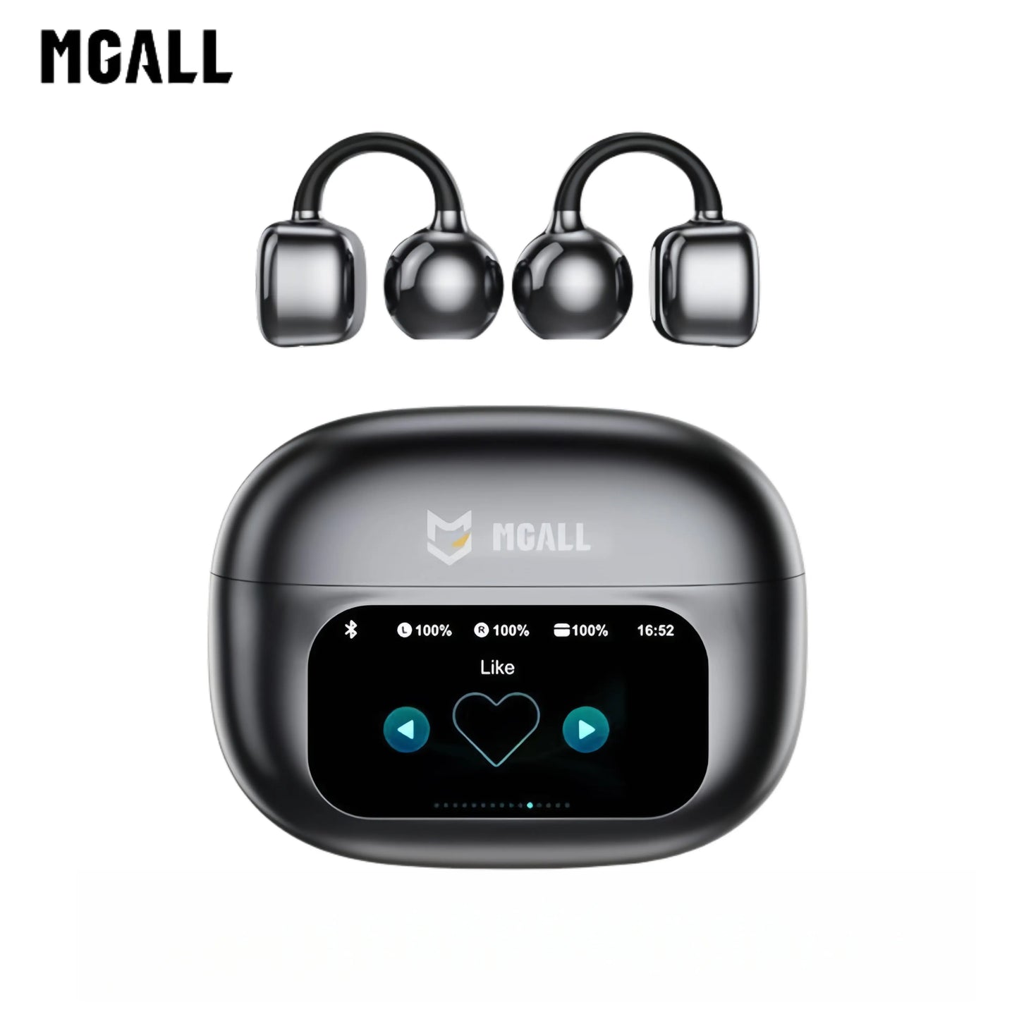 MGALL C02 Clip-On Ear Headphones – LCD Full Color Touch Screen, Bluetooth 6.0, Wireless Audio for Music & Calls