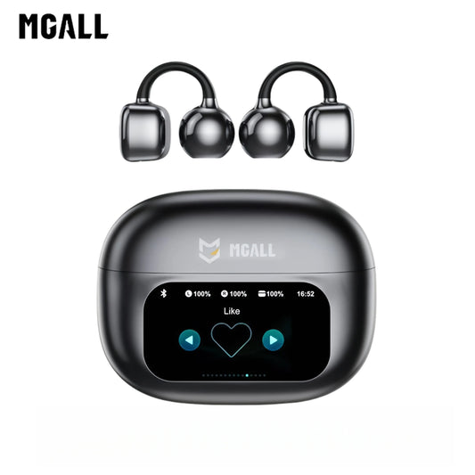 MGALL C02 Clip-On Ear Headphones – LCD Full Color Touch Screen, Bluetooth 6.0, Wireless Audio for Music & Calls