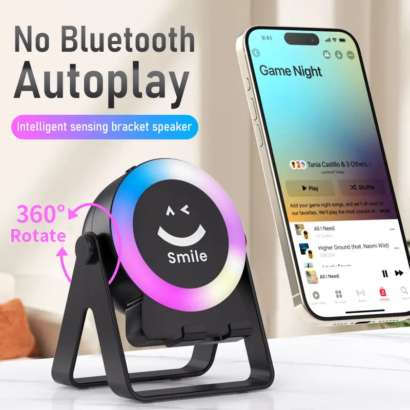 Wireless Induction Speaker, Cell Phone Stand with Bluetooth Speaker, Stereo Sound, RGB Ambient Light, Phone Holder Compatible with iPhone/iPad/Android/Samsung Galaxy-Black Adjustable Anniversary, Birthday, Audio
