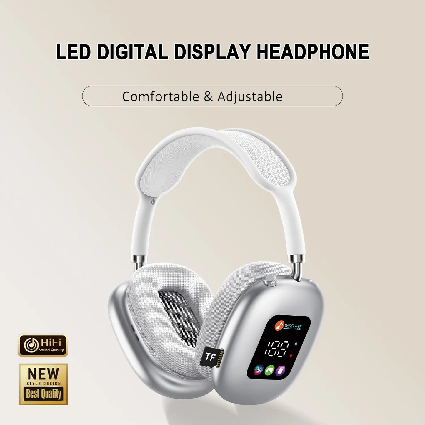 Over-Ear Wireless Bluetooth Headphones - Smart Color Digital Display, 16H+ Battery, Equalizer, Low Latency, Surround Sound for Gaming