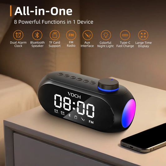 Bluetooth Speaker with Dual Alarm Clock – FM Radio, TF Card Slot, AUX Input, LED Mood Light – Digital Bedside Clock for Bedroom, Home, Travel