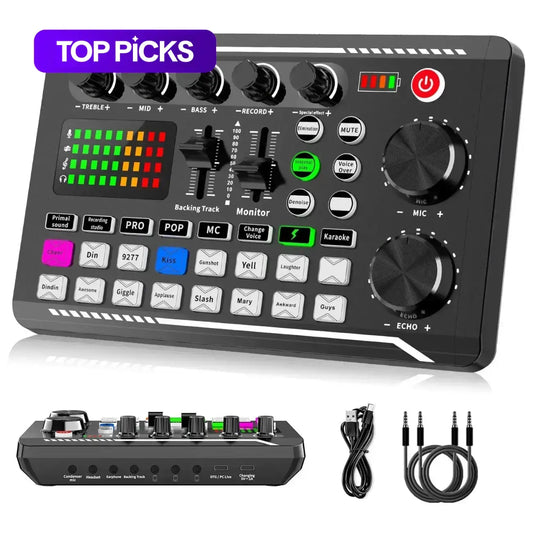 F998 Live Sound Card Audio Mixer – Podcast Interface with DJ Effects, Voice Changer & Sound Effects for Karaoke, Live Streaming, Gaming PC