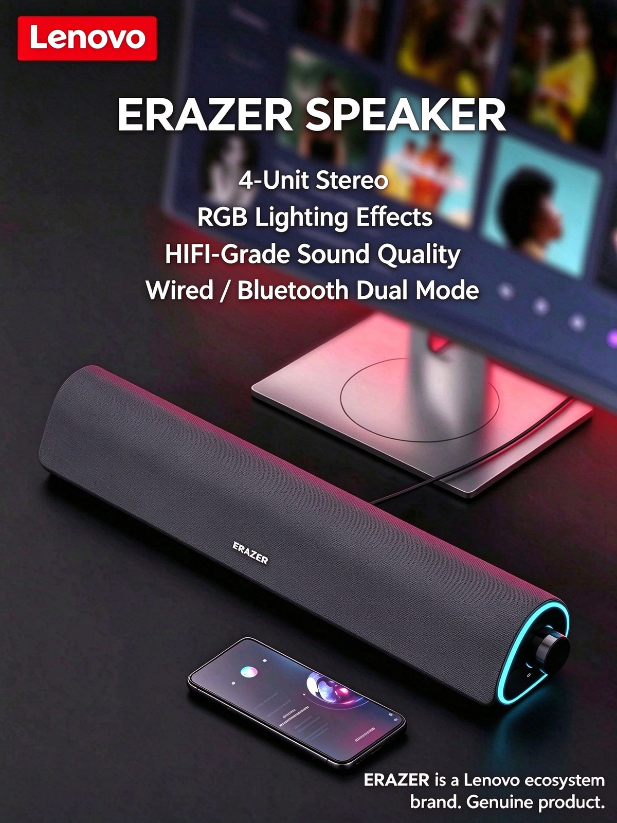 ERAZER Wired & Bluetooth Speaker - Excellent Sound Quality Desktop Long Strip Soundbar for Computer, TV, Phone & Home Audio