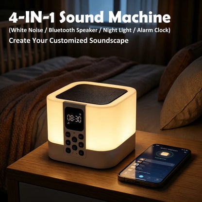 UFORU 4-in-1 Sleep Aid White Noise Machine/Bluetooth Speaker/Night Light/Alarm Clock (Rain, Insects, Ocean Waves, Birdsong, Fan, Lullaby), Perfect Vibe Bedroom Decor, Great Gift for Dad, Grads & More
