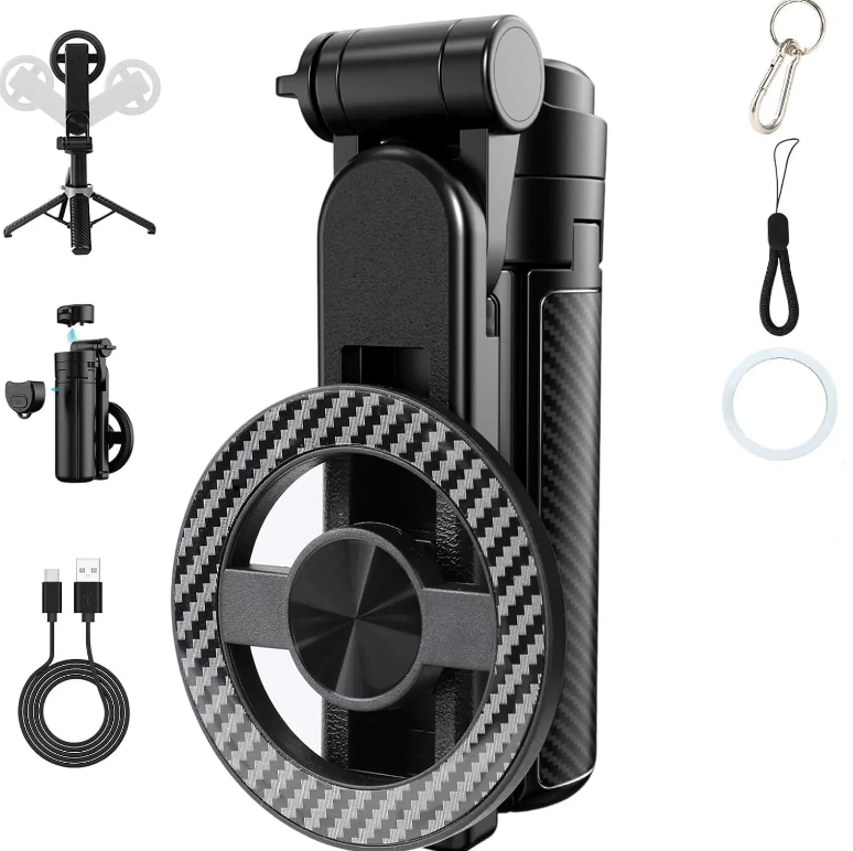 4-in-1 Magnetic Selfie Stick with Remote - 360° Rotation, Transforms into Mini Tripod, Camera Grip, Handheld Stabilizer and Phone Stand, Extends to 17.32 Inches