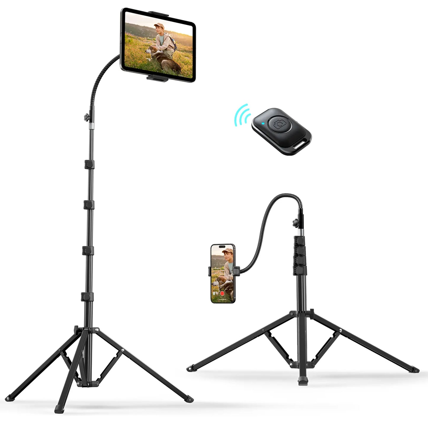 Weilisi 82" Heavy Duty Tablet Tripod Stand – Floor Stand with Remote & Adjustable Gooseneck for Watching/Stream/Recording, Compatible with iPad Pro 12.9"/Kindle/iPhone and All 4.5-13" Tablets & Phones
