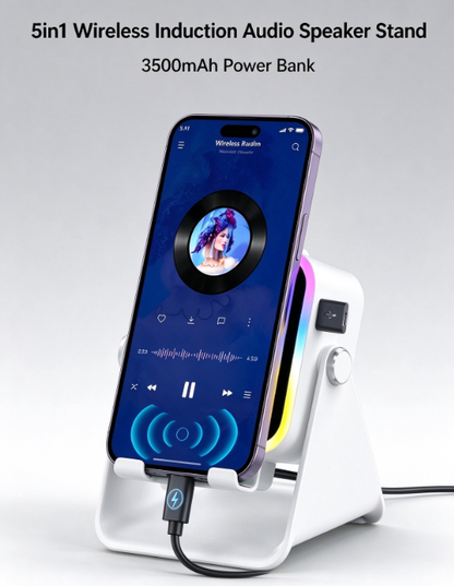 5in1 Wireless Induction Audio Speaker Stand, 3500mAh Emergency Power Bank, 360° Adjustable Phone Tablet Holder with Colorful Ambient Light, Gifts for Men Women