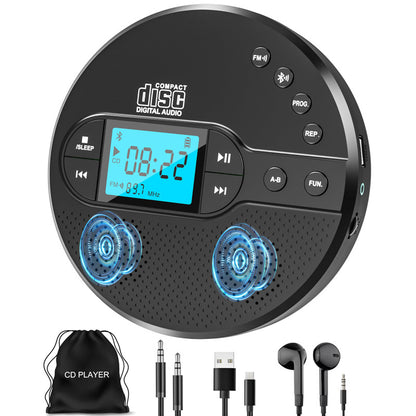 Portable CD Player with Bluetooth 5.1 – Stereo Sound, FM Transmitter, 2000mAh Battery, Anti-Skip Protection, AUX/USB Ports, LCD Display – for Car & Home, Great Gift
