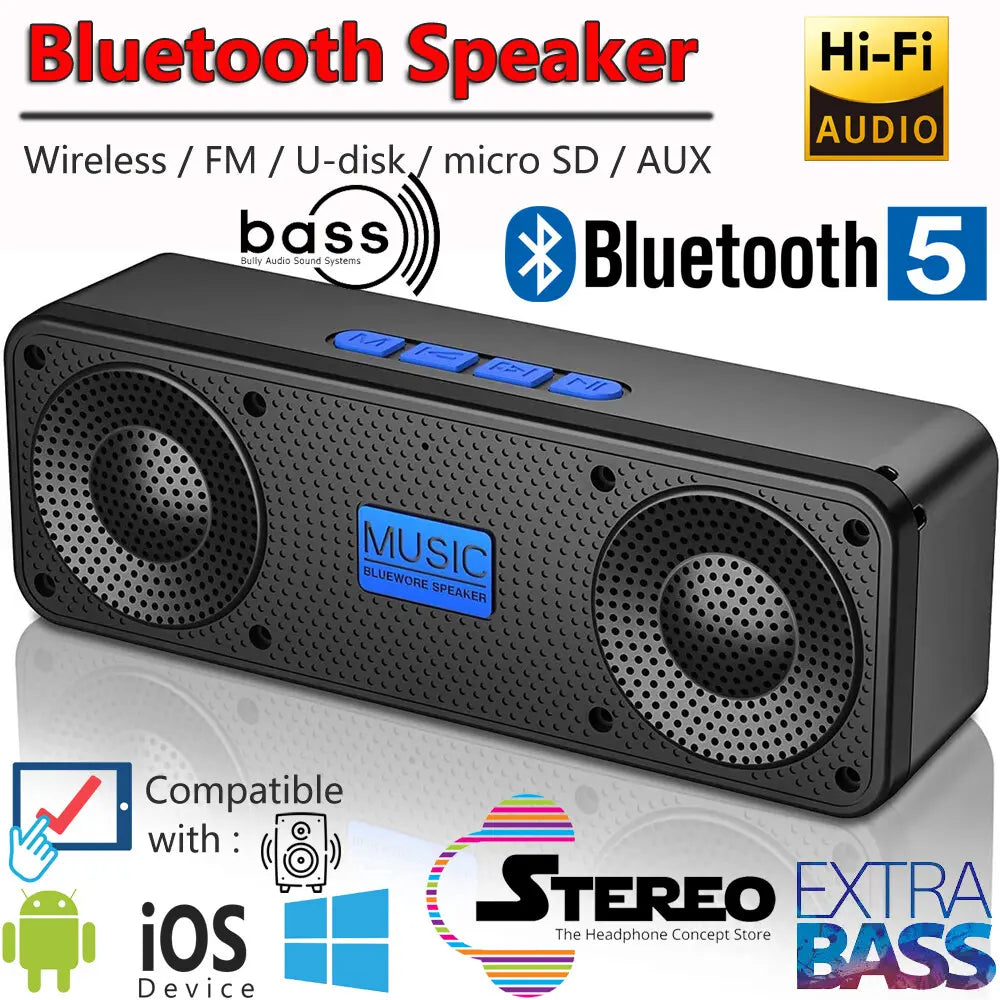 Portable HiFi Bass Wireless Bluetooth Speaker - Powerful Subwoofer Soundbar for Outdoor Music