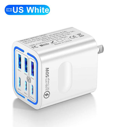 KAXOE Portable Multi-Port Charging Station 50W – 6-Port USB-C & USB-A Adapter Cube Plug for iPhone, iPad, Samsung – Fast Charging Hub