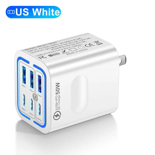 KAXOE Portable Multi-Port Charging Station 50W – 6-Port USB-C & USB-A Adapter Cube Plug for iPhone, iPad, Samsung – Fast Charging Hub