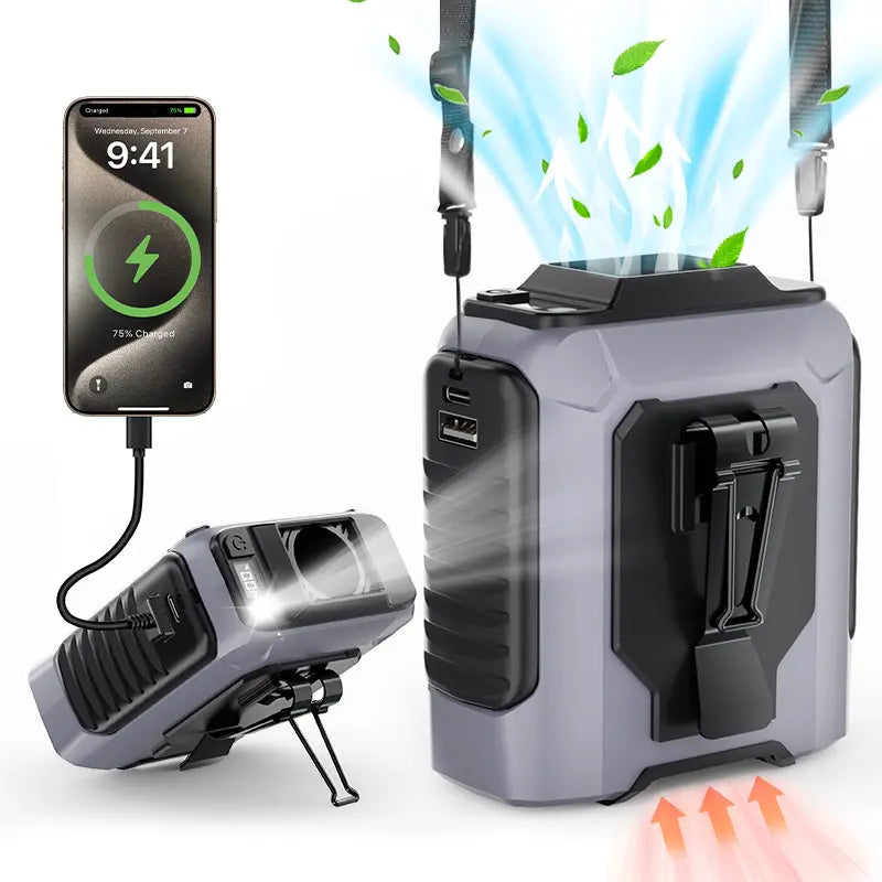 Portable Waist Clip Fan - 4-in-1 Wearable Personal Fan with 5 Speeds up to 15000RPM, USB Rechargeable Hands-Free Design with LED Light for Outdoor Work, Camping and Travel