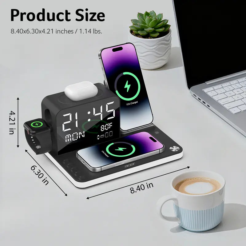 Acer 7 in 1 Wireless Charging Station with Fast Wireless Charger, LED Night Light, Bluetooth Time Sync Clock & Temperature Display, USB-A & USB-C, Magnetic MagSafe – for iPhone, Android Phone, Apple Watch & AirPods, Gift