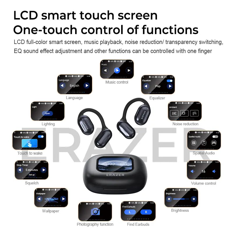 ERAZER OWS Touch Screen Earphone Bluetooth 5.4 Wireless Headphones Noise Canceling TF Card Headset HIFI Stereo Full-Color Display Multifunctional Earbuds With Mic