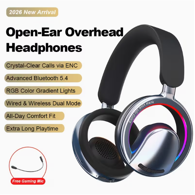 Wireless Open-Ear Gaming Headset – Bluetooth 5.4, RGB Lights, Detachable ENC Mic, Deep Bass Stereo, Foldable Lightweight, Compatible with PS5/PS4/Xbox/Switch/PC